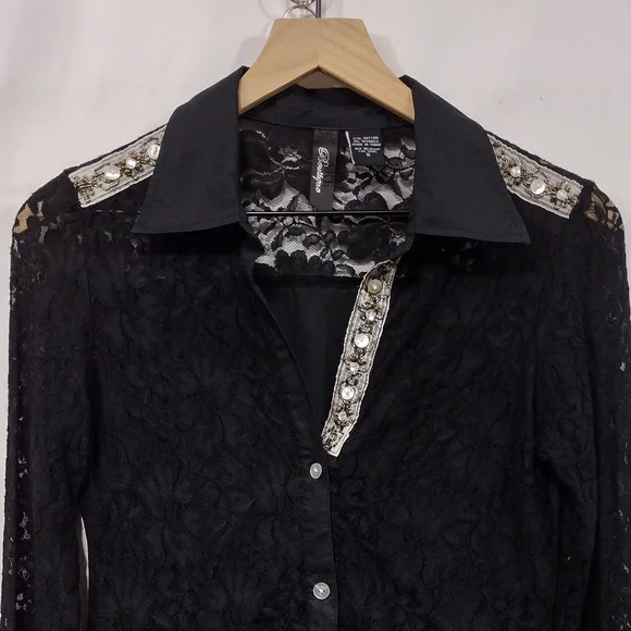 BKE Lace Floral Embellished Button Shirt Womens S Black Silver Boho Retro 90s - Picture 2 of 7